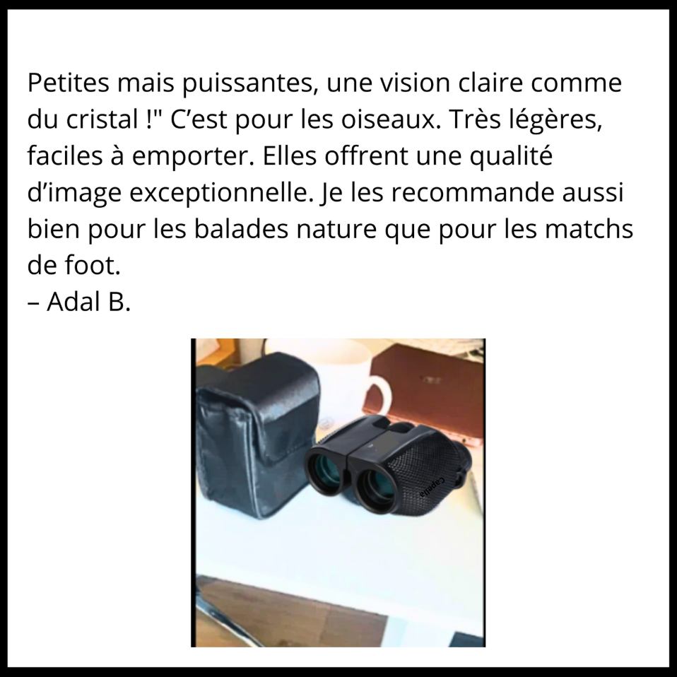 avis : c'est pour  les oiseaux, légères et facile à emporter. Qualité d'image exceptionnelle.