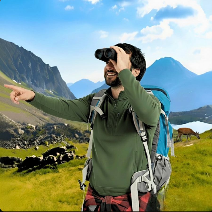 Randonneur observant les montagnes avec des jumelles Capella 10×25, symbole d’exploration et de vision claire en nature.